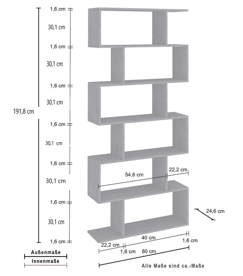 A modern vertical bookcase with multiple shelves and a sleek design, filled with various books and files. Measurements