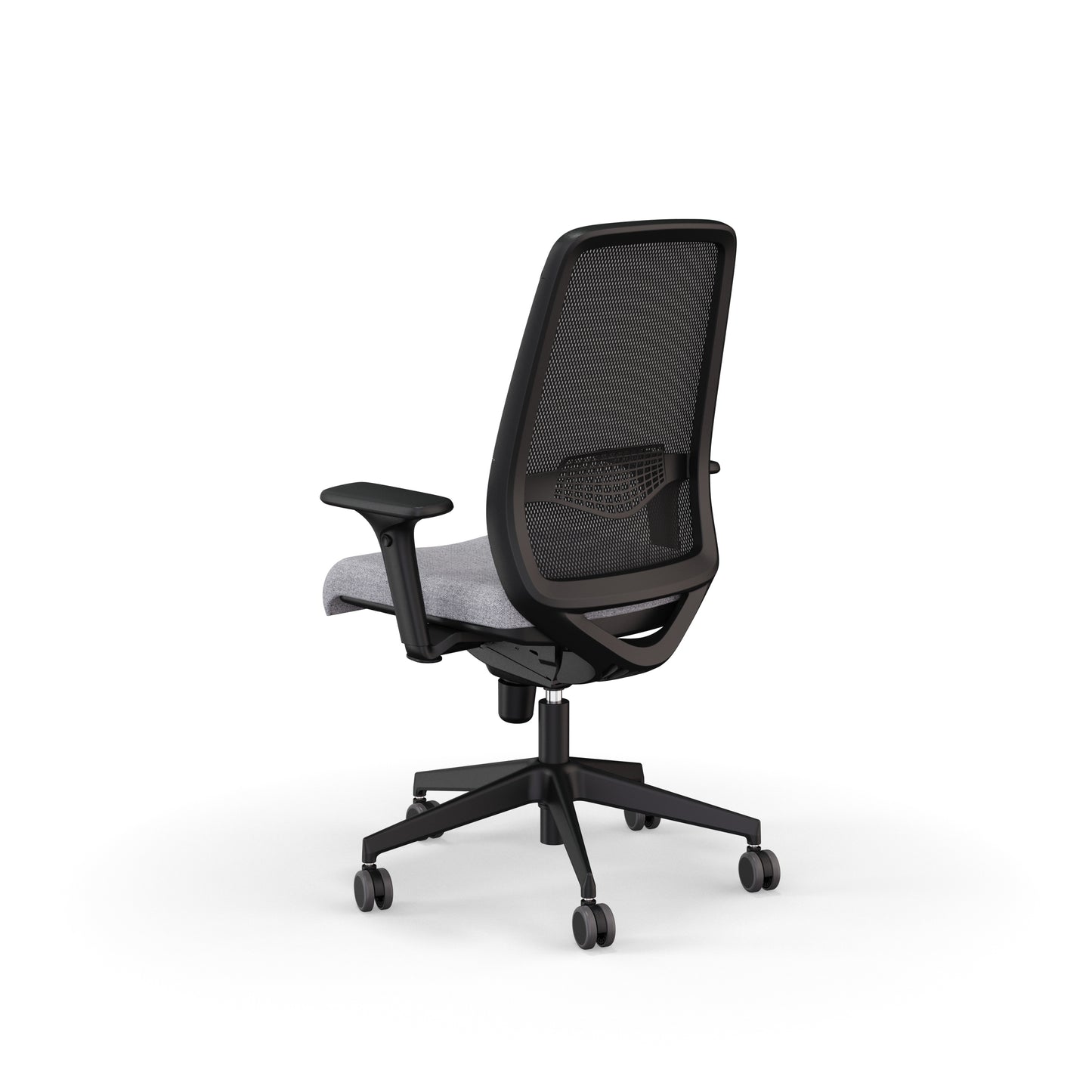 Fauteuil de bureau ergonomique Gabin avec dossier en résille respirante, assise en tissu, mécanisme synchrone et accoudoirs 4D. Vue de derriere