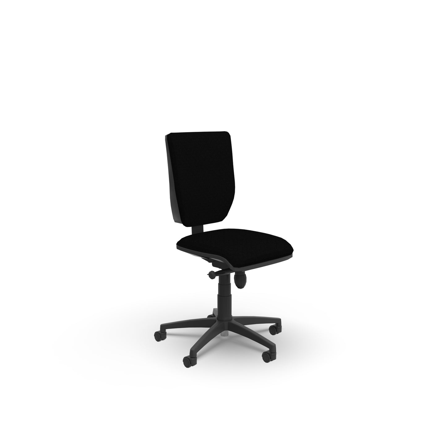 Alter Office Chair from EOL with a fabric back and armless design, offering maximum freedom of movement and fitting neatly under desks for compact task seating. Black