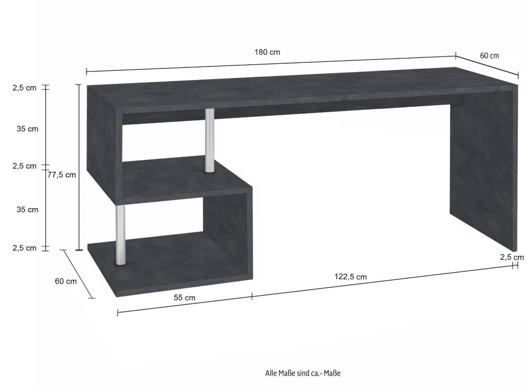 Bureau de travail moderne et spacieux en forme de S avec étagères de rangement 180cm, finition gris ardoise, modèle Esse par Office Luxe. Dimensions