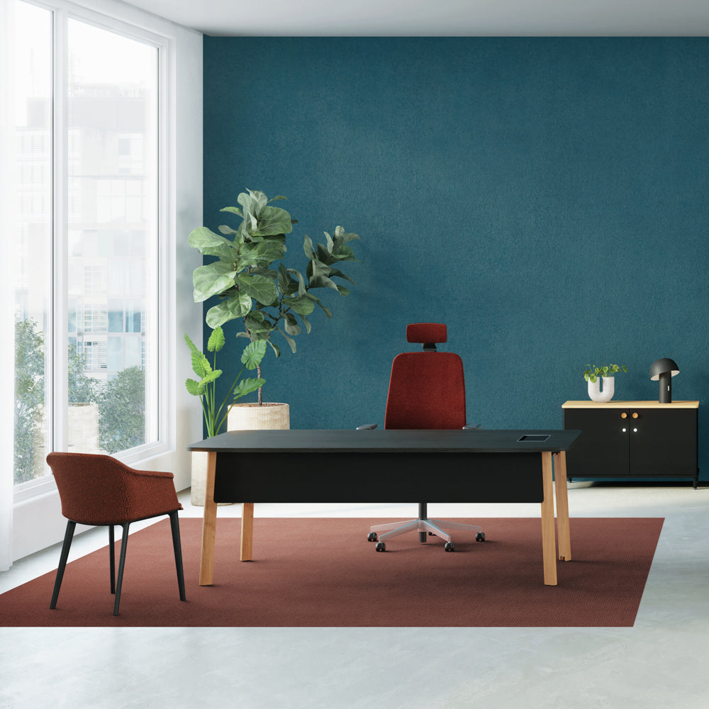 Aménagement de bureau de direction moderne mettant en valeur la crédence compacte Karl L. 100 cm noire en arrière-plan, assortie au bureau et au fauteuil ergonomique rouge.