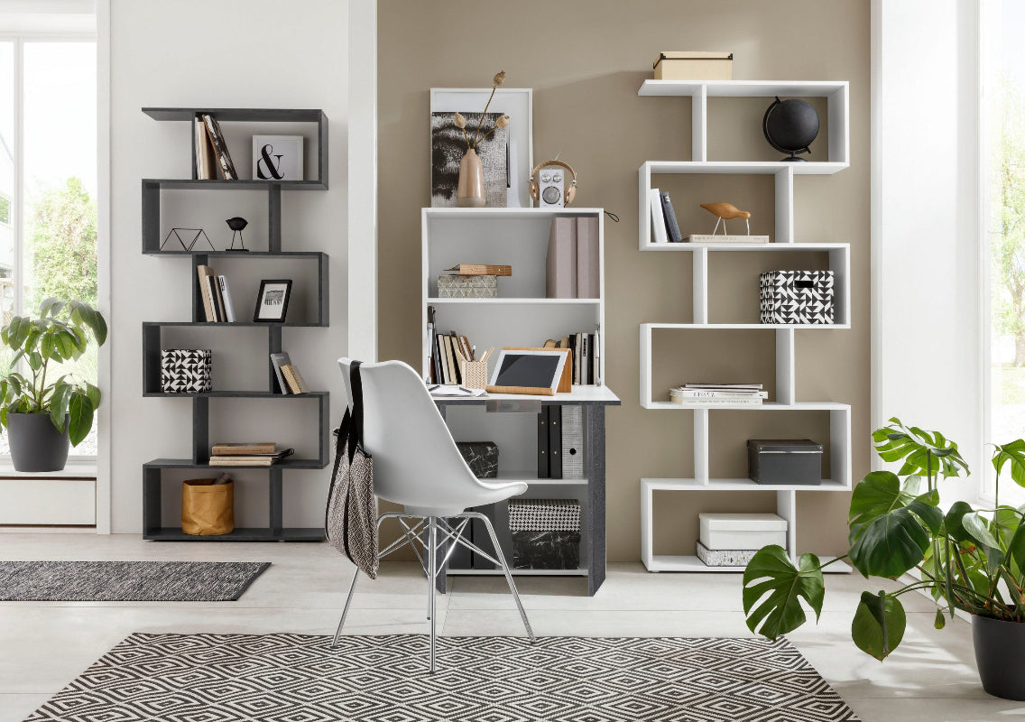 DALIA Desk by Web Furniture, featuring a spacious, clean rectangular work surface. This versatile desk is suitable for use as a primary computer workstation or professional home office table. Office setup, desk, shelves and a chair.