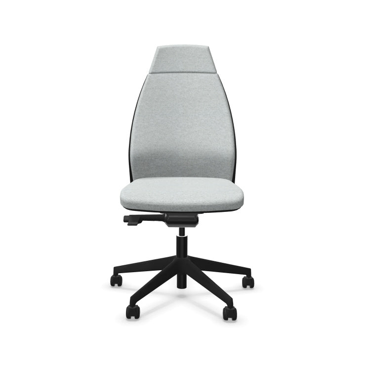 Eliott Ergonomic Office Chair from EOL, featuring a high backrest for full spinal support and an armless design, ideal for fitting neatly under desks or for collaborative task environments. Front view.