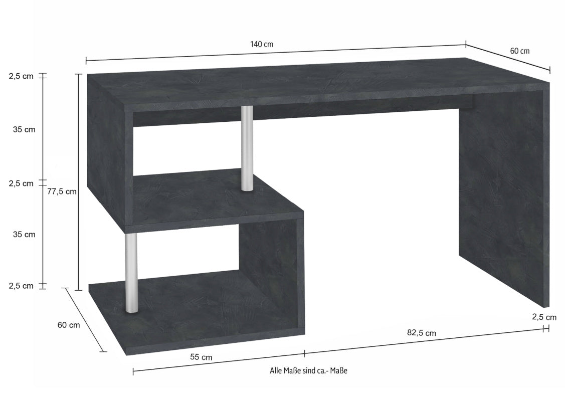 ESSE Desk by Web Furniture, featuring a 140 cm wide rectangular work surface. This standard size desk provides ample space for monitor(s) and essential supplies in a home or professional office. Dimensions