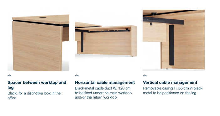 Kara Executive Desk from EOL featuring an integrated side storage unit and a large work surface, creating a complete and highly organized L-shaped professional workstation. Cable management features