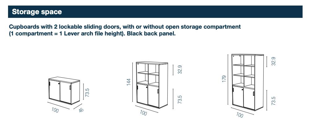 Schéma détaillant les dimensions de l'armoire basse Kara de 73,5 cm avec portes coulissantes, présentée à côté des autres configurations de la gamme.