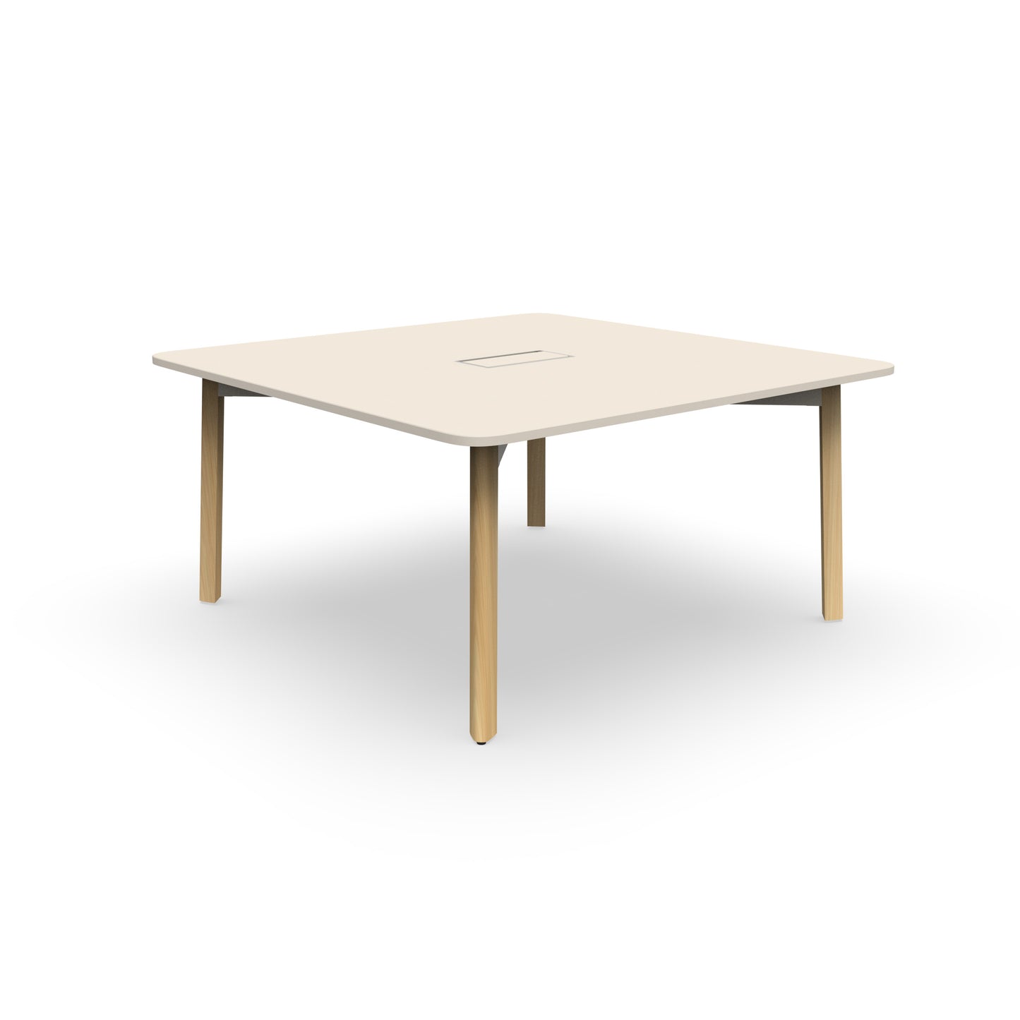 Table de réunion carrée Karl 150x150 cm avec plateau en mélamine finition Lin et piétement en chêne massif. Vue en coin