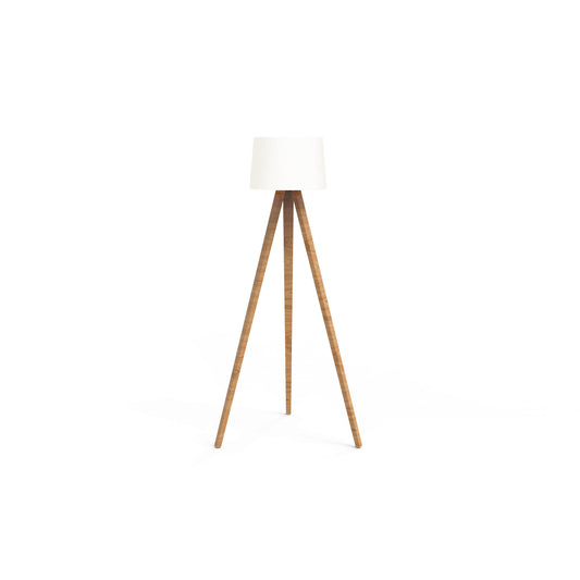 A tripod floor lamp with a white shade, a wooden tripod base, and an LED bulb.