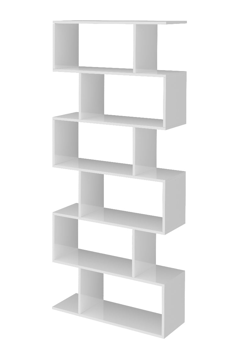 Bibliothèque verticale moderne avec 6 étagères décalées 191cm, modèle Calli par Office Luxe. Blanc brillant 