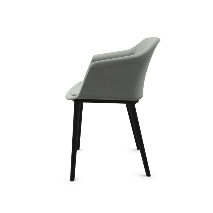 Fauteuil visiteur Scott avec coque tapissée colorée et 4 pieds en polypropylène noir. vue cote