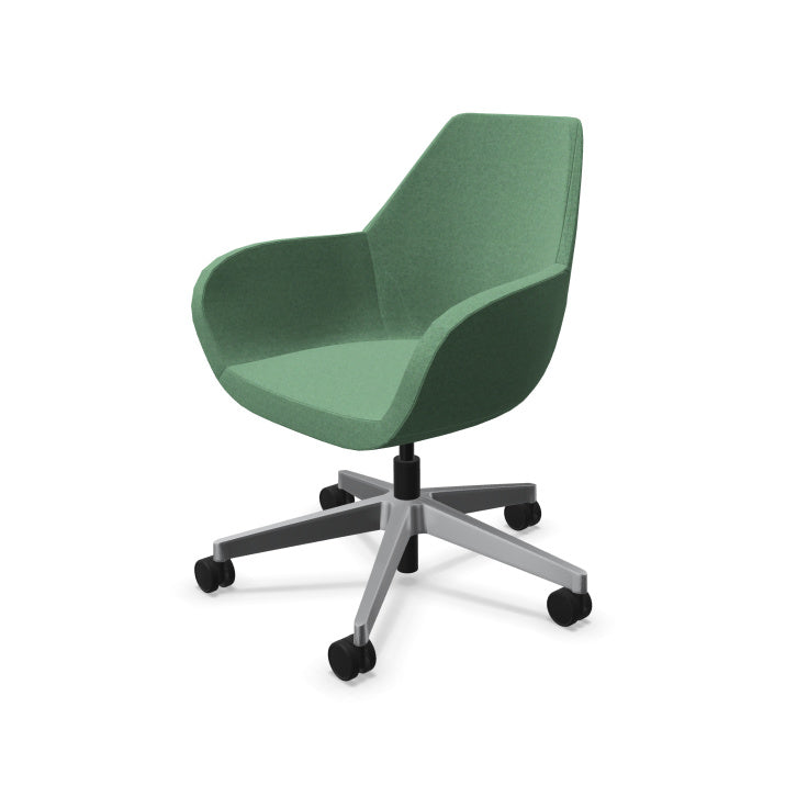 Fauteuil de bureau ergonomique Bip Easy Chair avec revêtement en tissu Synergy coloré et piétement chromé sur roulettes. Céladon foncé