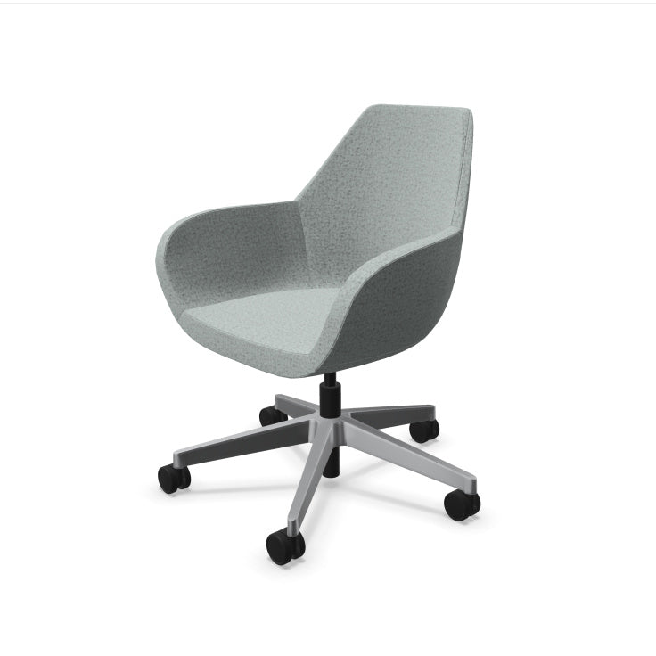 Fauteuil de bureau ergonomique Bip Easy Chair avec revêtement en tissu Synergy coloré et piétement chromé sur roulettes. Gris fumée chiné