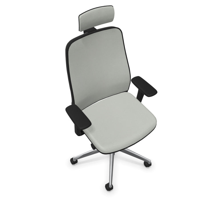 Fauteuil de bureau ergonomique Léon avec têtière, revêtement en tissu coloré, accoudoirs 4D et piétement chromé. Vue de au-dessus