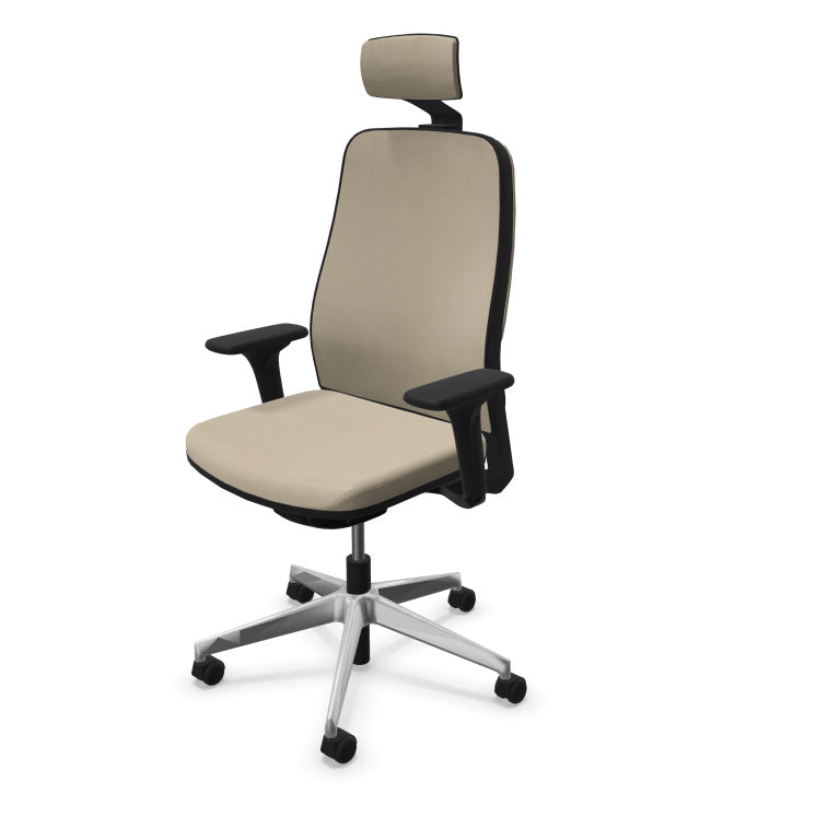 Fauteuil de bureau ergonomique Léon avec têtière, revêtement en tissu coloré, accoudoirs 4D et piétement chromé. Beige