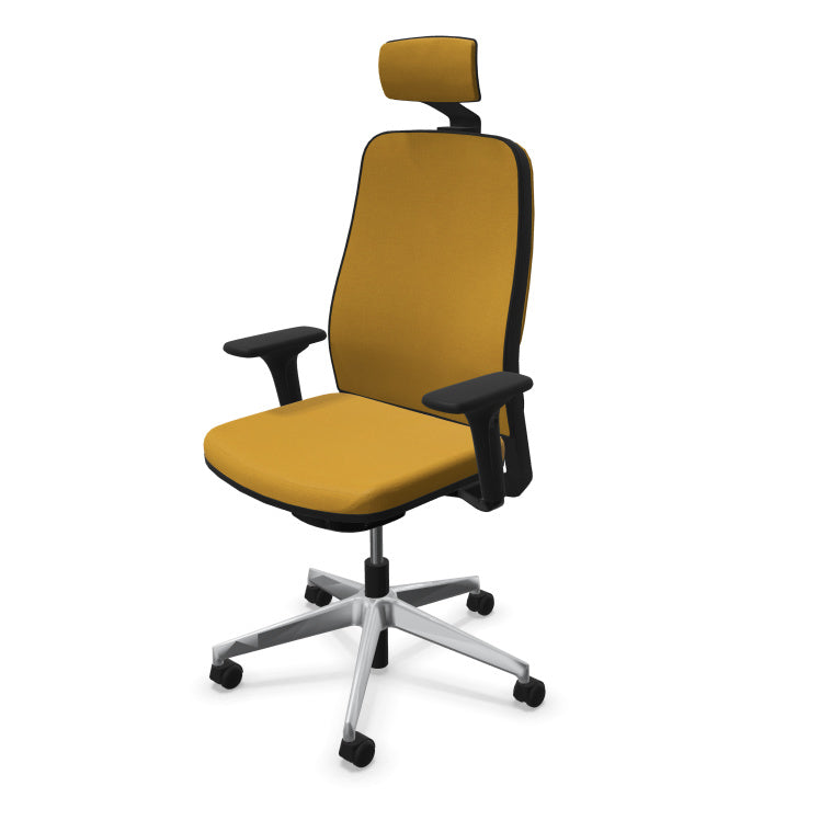 Fauteuil de bureau ergonomique Léon avec têtière, revêtement en tissu coloré, accoudoirs 4D et piétement chromé. Jaune Moutarde