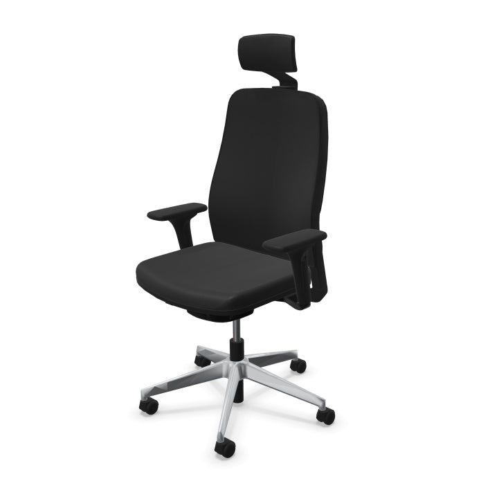 Fauteuil de bureau ergonomique Léon avec têtière, revêtement en tissu coloré, accoudoirs 4D et piétement chromé. Noir