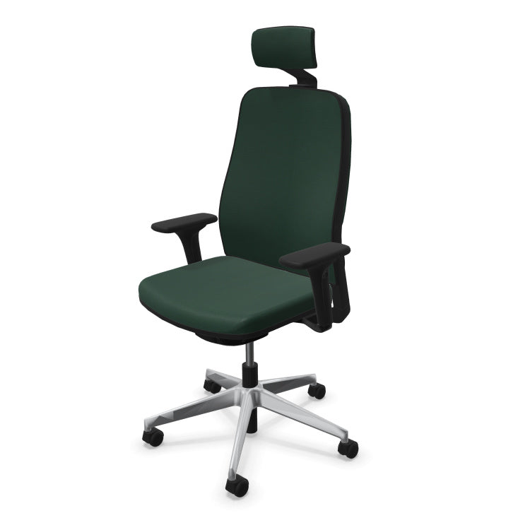 Fauteuil de bureau ergonomique Léon avec têtière, revêtement en tissu coloré, accoudoirs 4D et piétement chromé. Vert anglais
