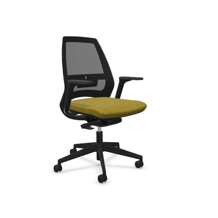 Fauteuil de bureau ergonomique Eliott avec dossier bas en résille, soutien lombaire intégré et accoudoirs 3D. Jaune Moutarde Chiné