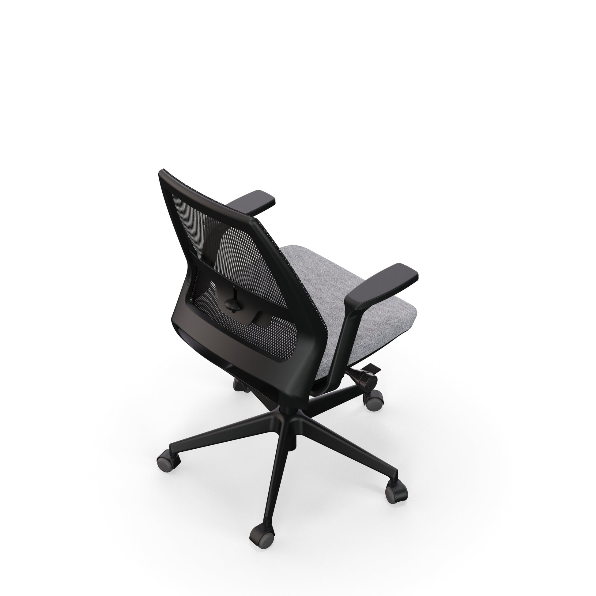 Fauteuil de bureau ergonomique Eliott avec dossier bas en résille, soutien lombaire intégré et accoudoirs 3D. Vue de derriere au-dessus