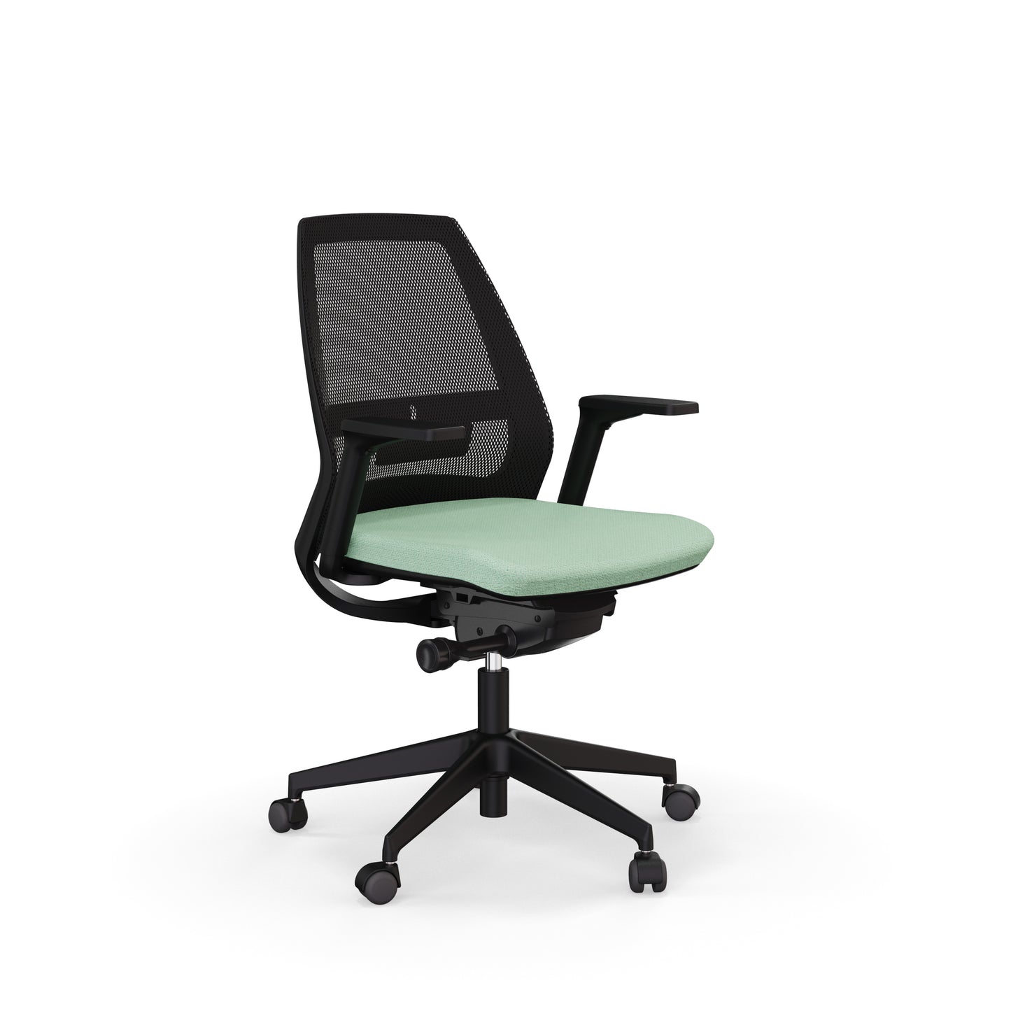 Fauteuil de bureau ergonomique Eliott avec dossier bas en résille, soutien lombaire intégré et accoudoirs 3D aqua