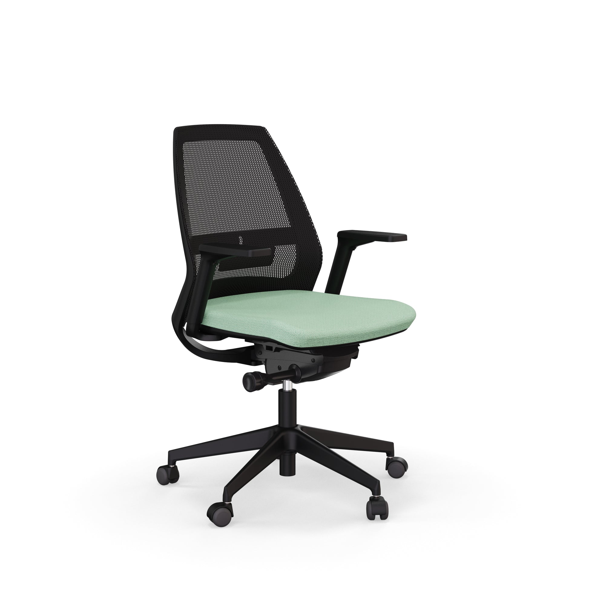 Fauteuil de bureau ergonomique Eliott avec dossier bas en résille, soutien lombaire intégré et accoudoirs 3D aqua