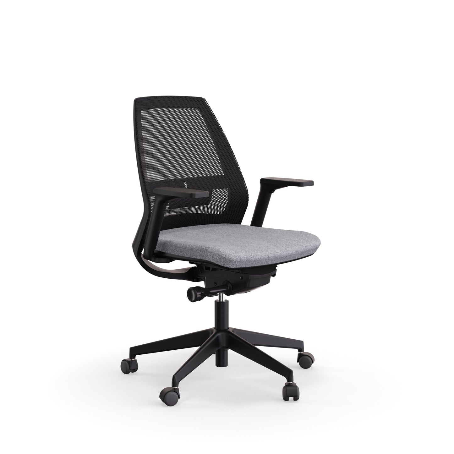 Fauteuil de bureau ergonomique Eliott avec dossier bas en résille, soutien lombaire intégré et accoudoirs 3D. Gris clair
