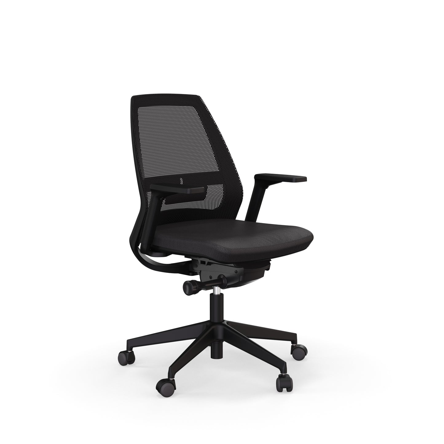 Fauteuil de bureau ergonomique Eliott avec dossier bas en résille, soutien lombaire intégré et accoudoirs 3D. Noir