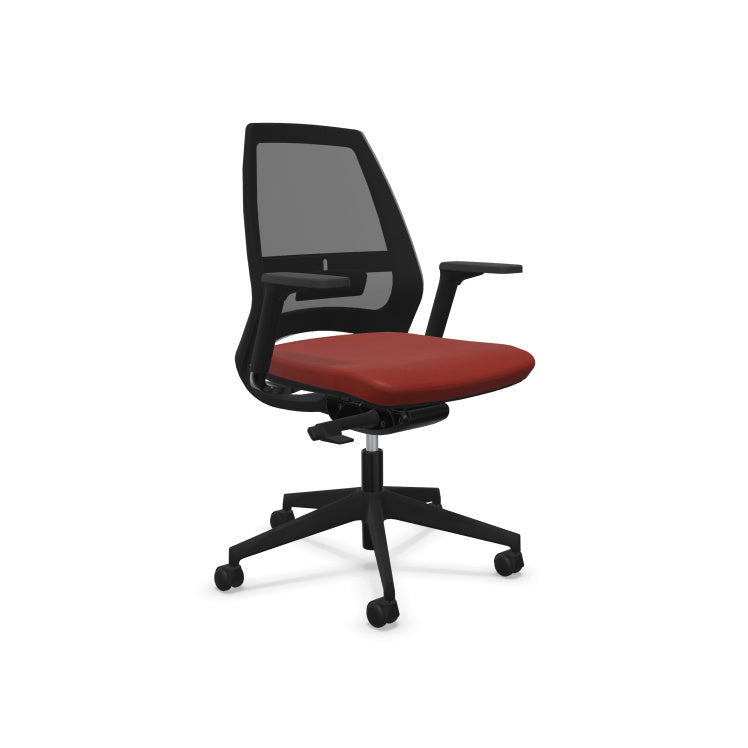 Fauteuil de bureau ergonomique Eliott avec dossier bas en résille, soutien lombaire intégré et accoudoirs 3D. Rouge brique