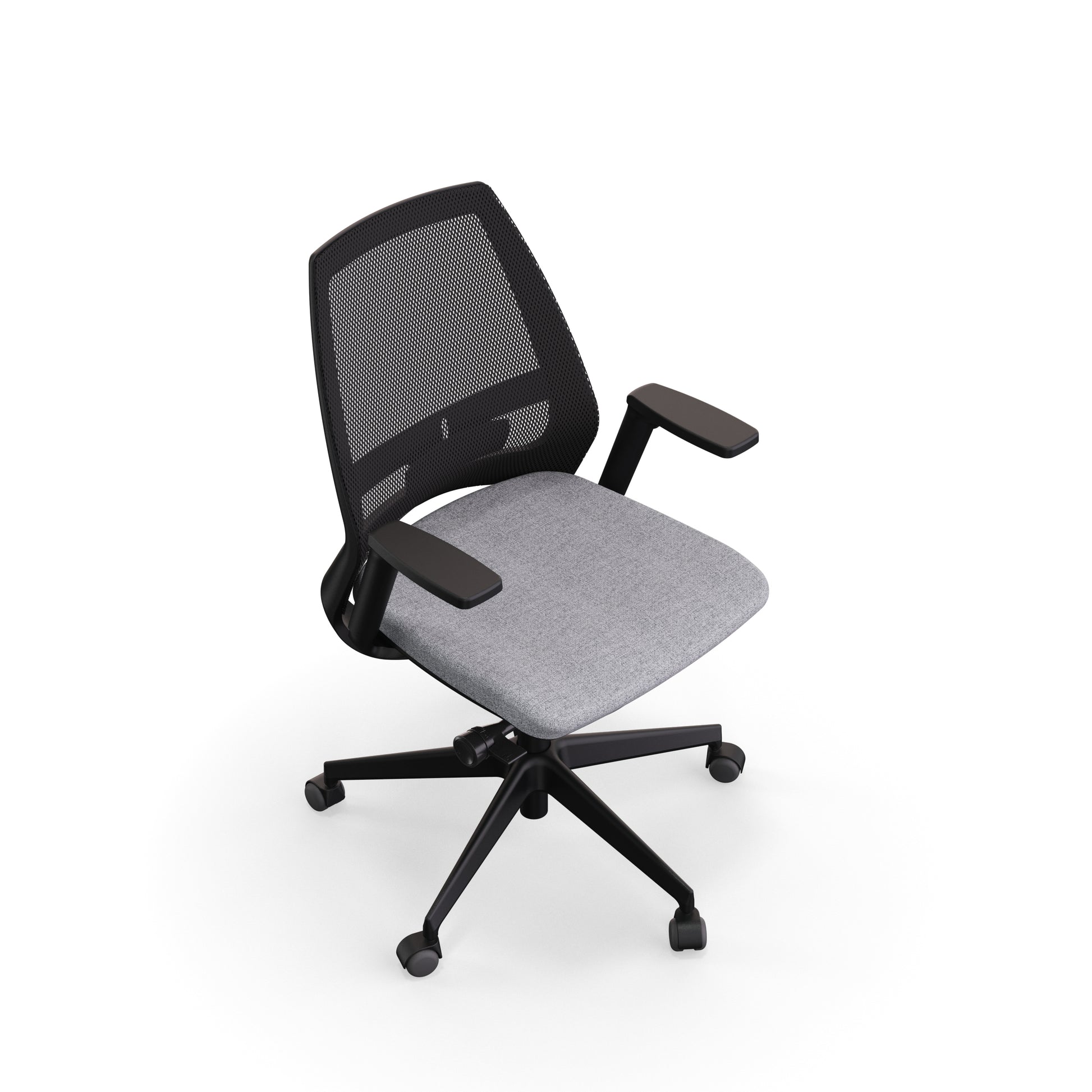 Fauteuil de bureau ergonomique Eliott avec dossier bas en résille, soutien lombaire intégré et accoudoirs 3D. Vue de au-dessus