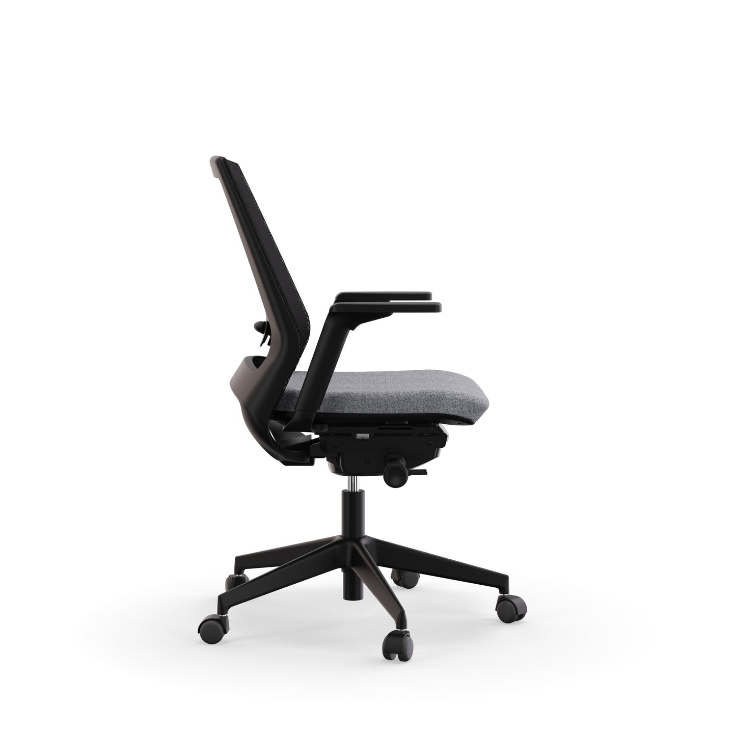 Fauteuil de bureau ergonomique Eliott avec dossier bas en résille, soutien lombaire intégré et accoudoirs 3D. Vue de cote