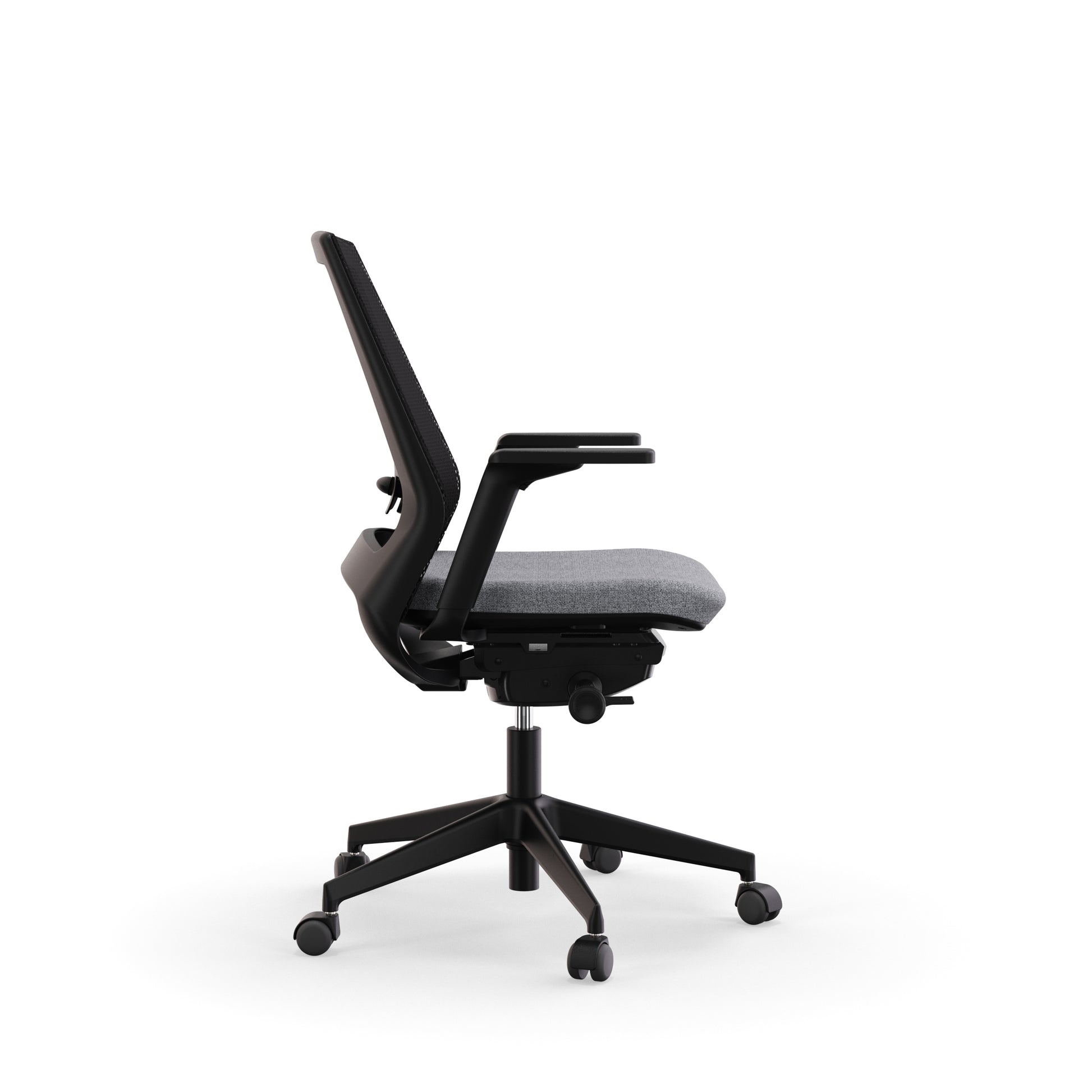 Fauteuil de bureau ergonomique Eliott avec dossier bas en résille, soutien lombaire intégré et accoudoirs 3D. Vue de cote