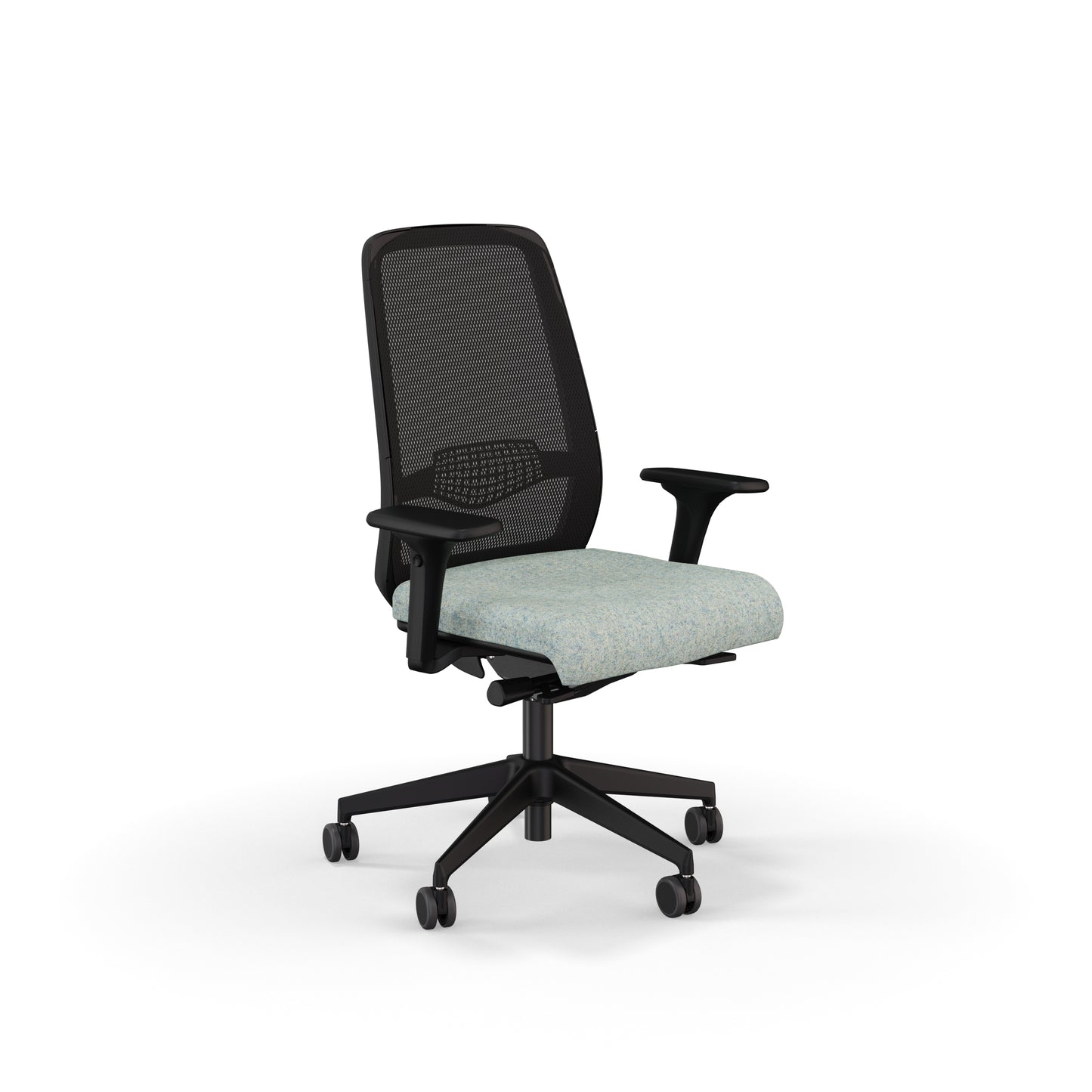 Fauteuil de bureau ergonomique Gabin avec dossier en résille respirante, assise en tissu, mécanisme synchrone et accoudoirs 4D. Bleu Clair Chiné