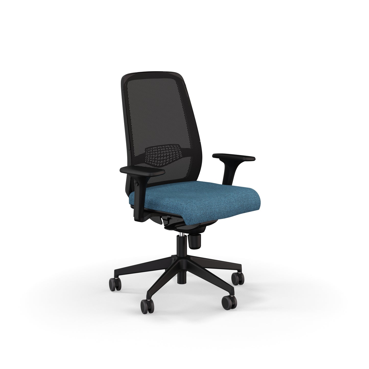 Fauteuil de bureau ergonomique Gabin avec dossier en résille respirante, assise en tissu, mécanisme synchrone et accoudoirs 4D. Bleu Denim Chiné