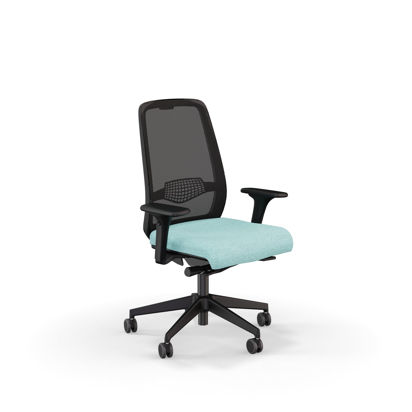 Fauteuil de bureau ergonomique Gabin avec dossier en résille respirante, assise en tissu, mécanisme synchrone et accoudoirs 4D. Bleu Givré