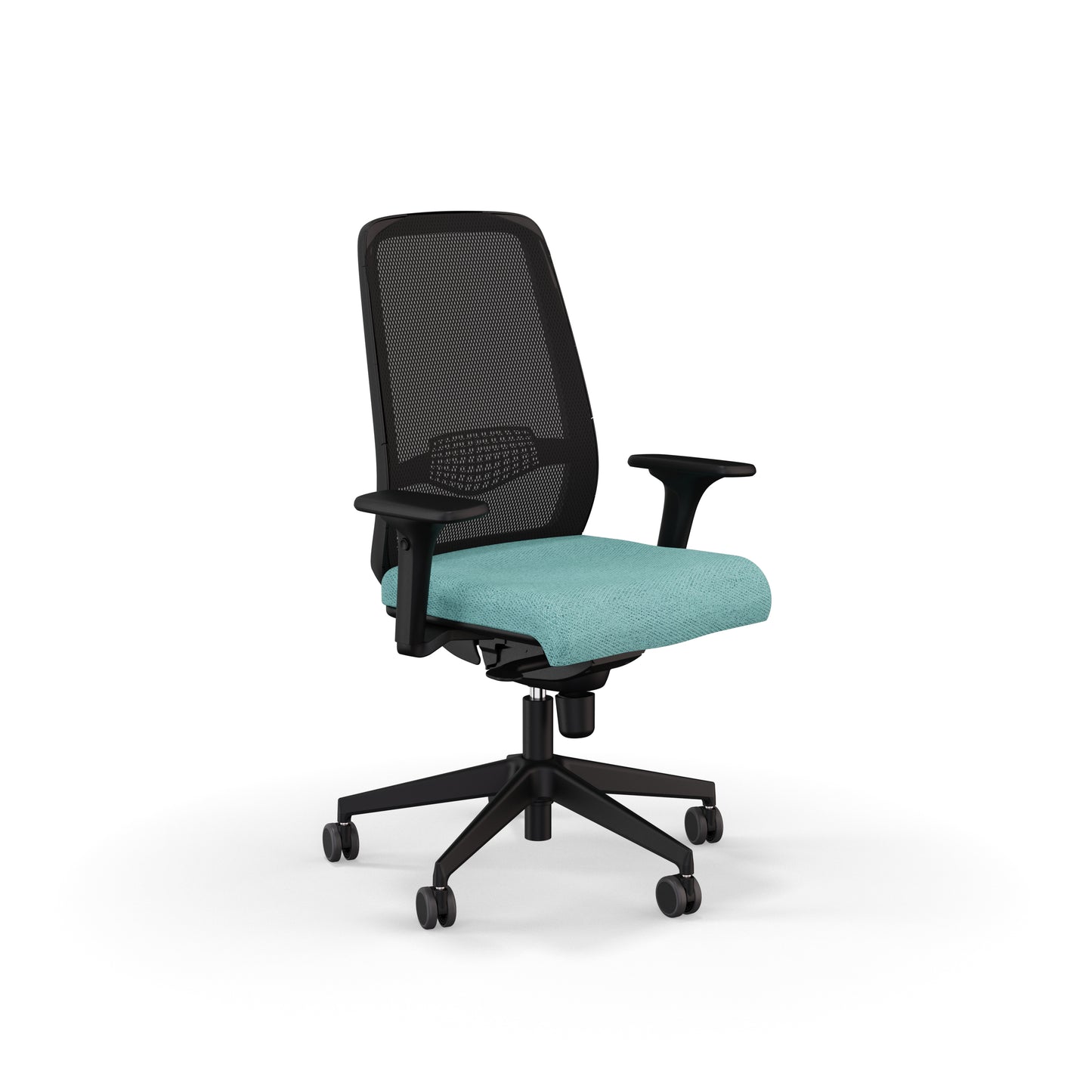 Fauteuil de bureau ergonomique Gabin avec dossier en résille respirante, assise en tissu, mécanisme synchrone et accoudoirs 4D. Céladon Chiné