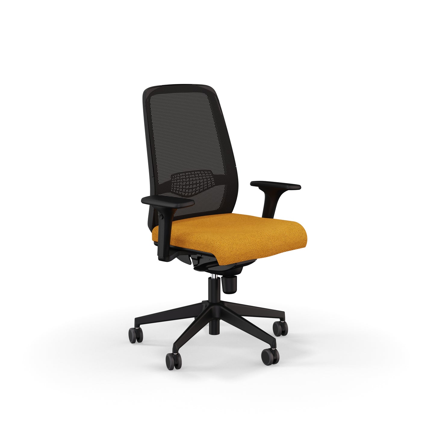 Fauteuil de bureau ergonomique Gabin avec dossier en résille respirante, assise en tissu, mécanisme synchrone et accoudoirs 4D. Jaune moutarde