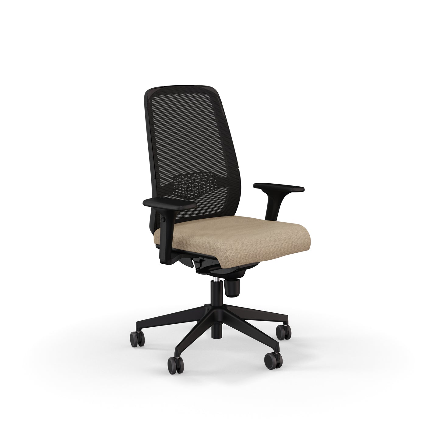 Fauteuil de bureau ergonomique Gabin avec dossier en résille respirante, assise en tissu, mécanisme synchrone et accoudoirs 4D. beige