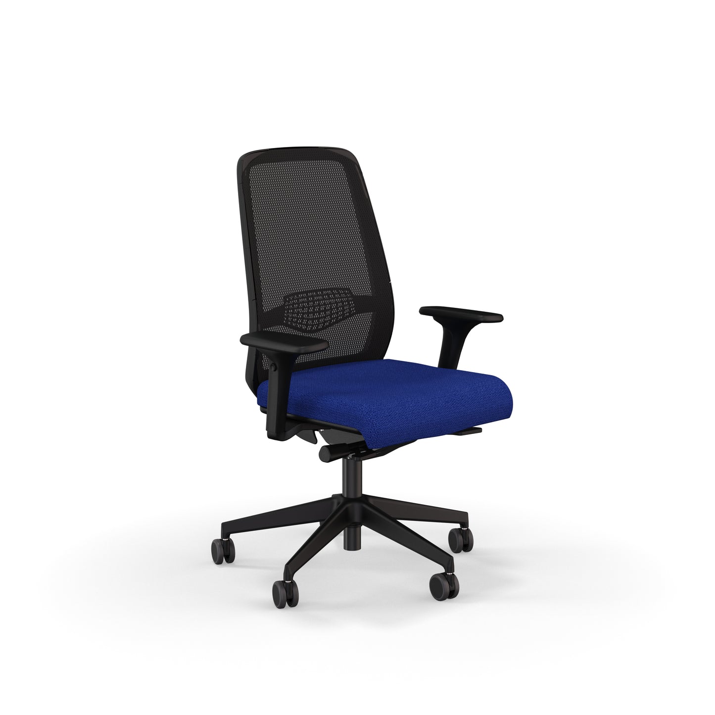 Fauteuil de bureau ergonomique Gabin avec dossier en résille respirante, assise en tissu, mécanisme synchrone et accoudoirs 4D. Bleu marine