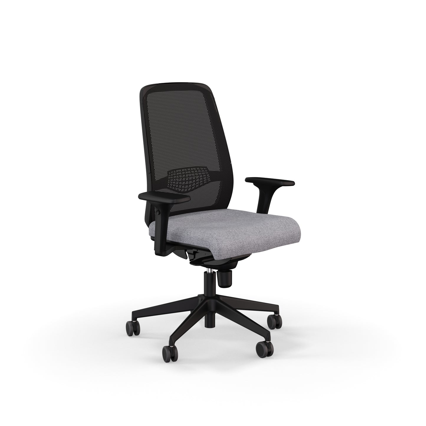 Fauteuil de bureau ergonomique Gabin avec dossier en résille respirante, assise en tissu, mécanisme synchrone et accoudoirs 4D. Gris clair