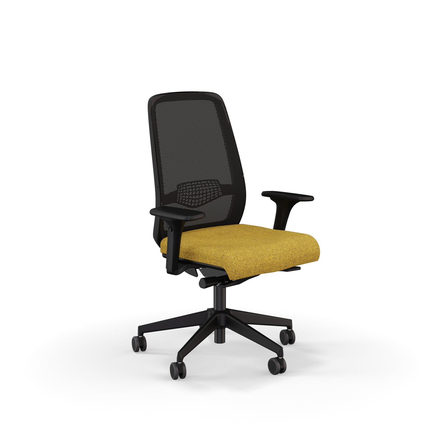 Fauteuil de bureau ergonomique Gabin avec dossier en résille respirante, assise en tissu, mécanisme synchrone et accoudoirs 4D. Jaune moutarde chin
