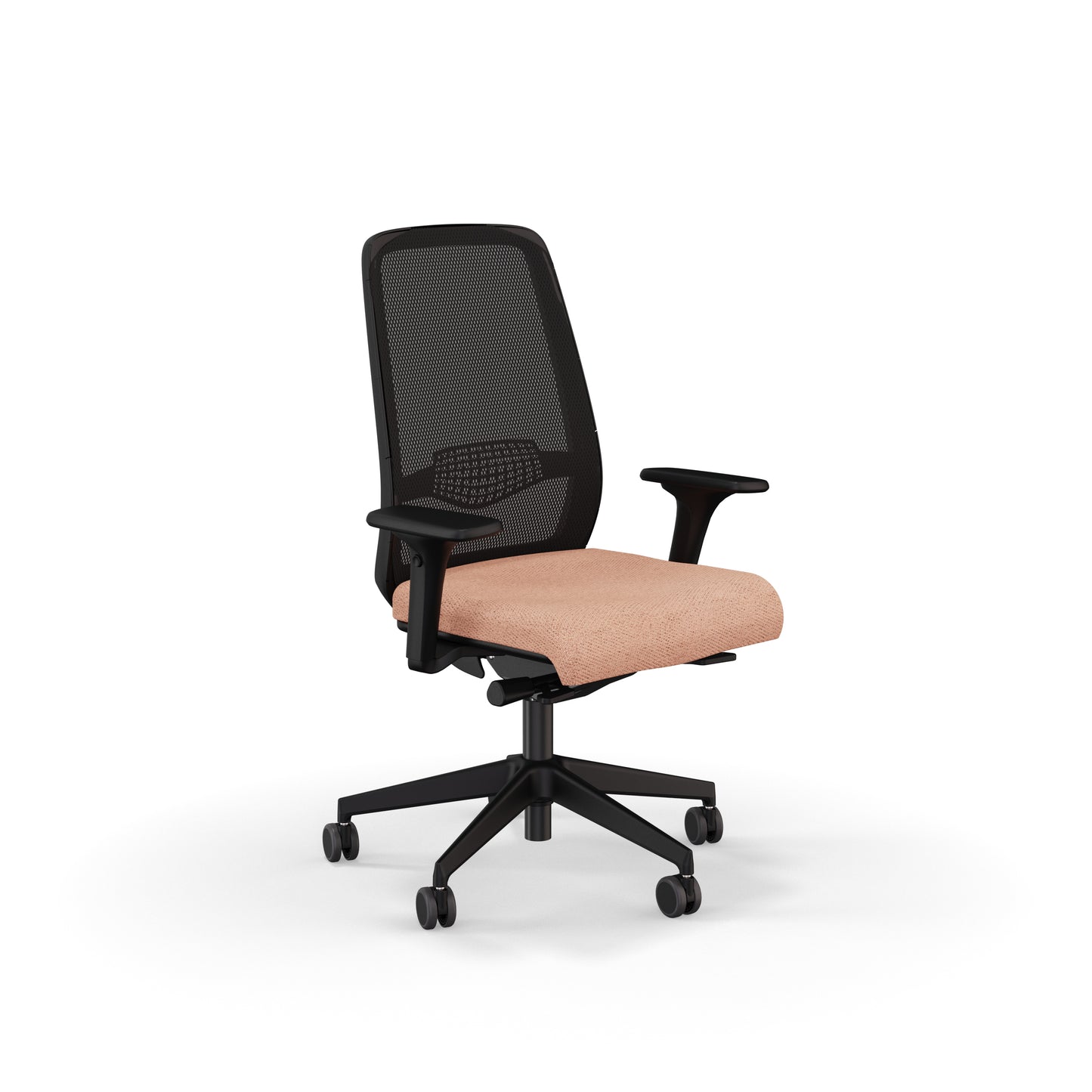 Fauteuil de bureau ergonomique Gabin avec dossier en résille respirante, assise en tissu, mécanisme synchrone et accoudoirs 4D. Saumon
