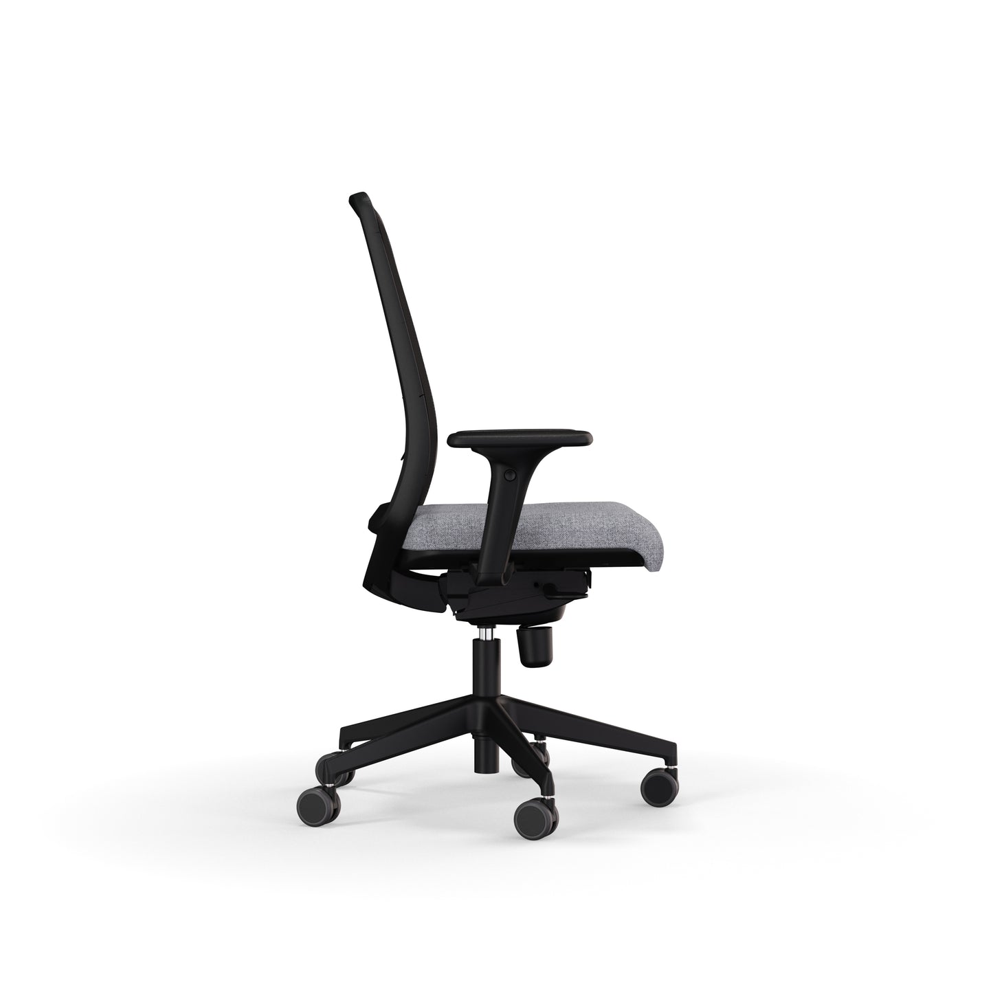 Fauteuil de bureau ergonomique Gabin avec dossier en résille respirante, assise en tissu, mécanisme synchrone et accoudoirs 4D. Vue de cote