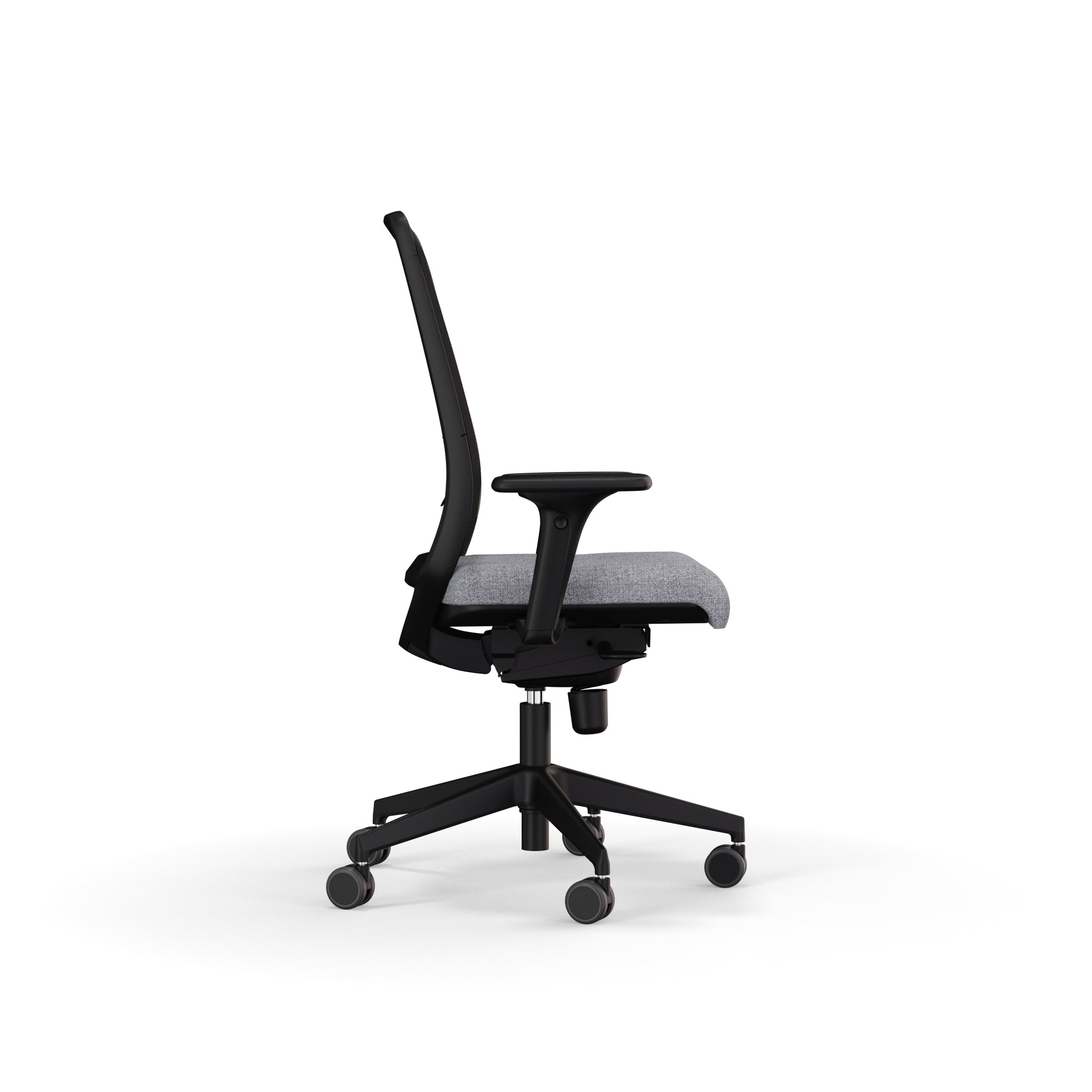 Fauteuil de bureau ergonomique Gabin avec dossier en résille respirante, assise en tissu, mécanisme synchrone et accoudoirs 4D. Vue de cote