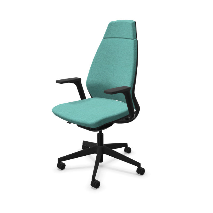 Fauteuil de bureau ergonomique haut de gamme Eliott avec haut dossier, accoudoirs 3D et revêtement en tissu coloré chiné. Celadon