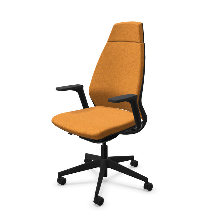 Fauteuil de bureau ergonomique haut de gamme Eliott avec haut dossier, accoudoirs 3D et revêtement en tissu coloré chiné. Curcuma