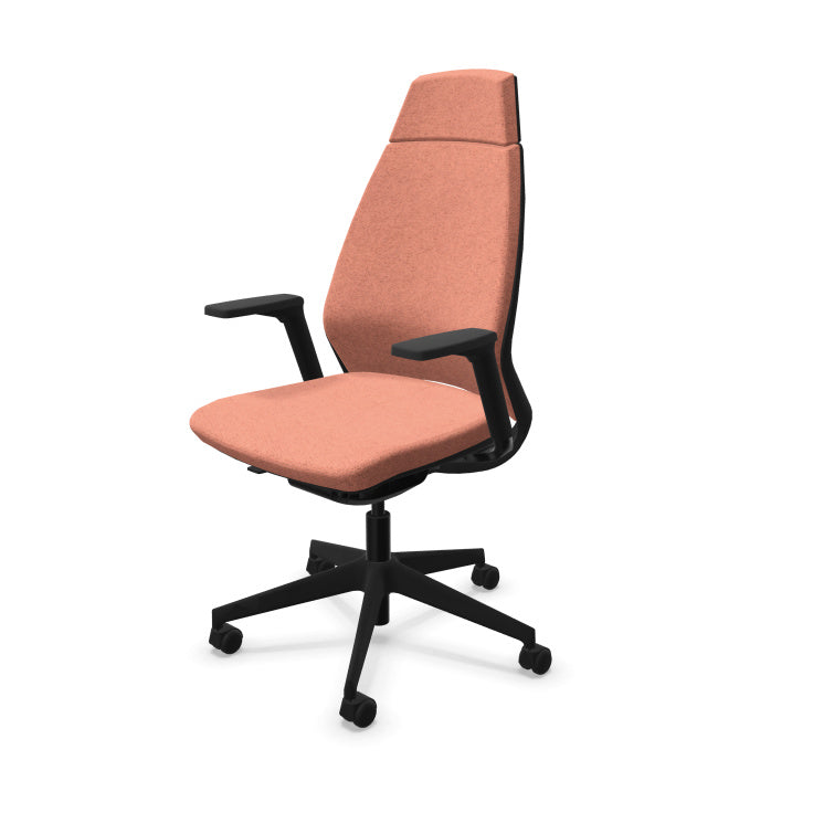 Fauteuil de bureau ergonomique haut de gamme Eliott avec haut dossier, accoudoirs 3D et revêtement en tissu coloré chiné. Saumon