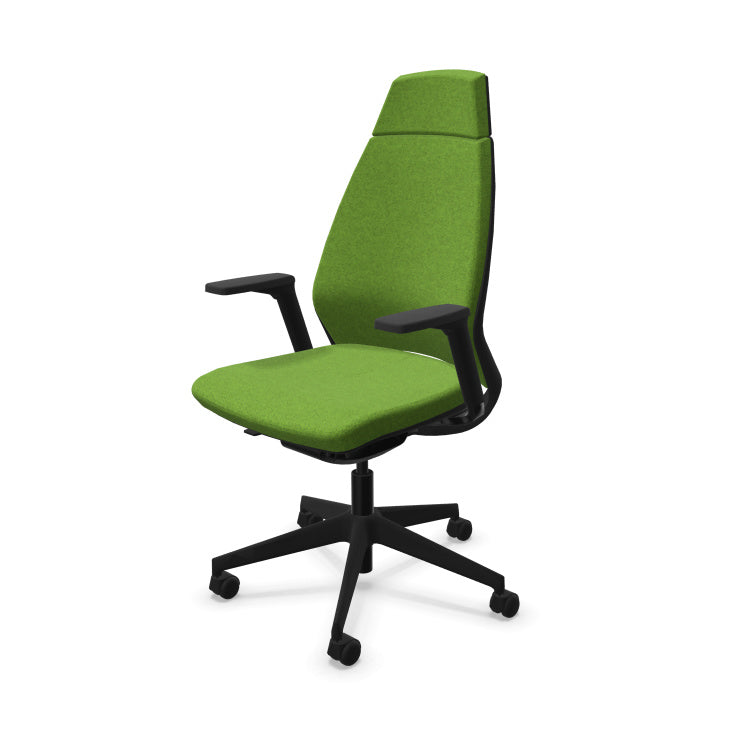 Fauteuil de bureau ergonomique haut de gamme Eliott avec haut dossier, accoudoirs 3D et revêtement en tissu coloré chiné. vert olive