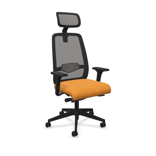 Fauteuil de bureau ergonomique Gabin avec dossier et têtière en résille respirante, assise en tissu, mécanisme synchrone et accoudoirs 4D. Curcuma Chiné