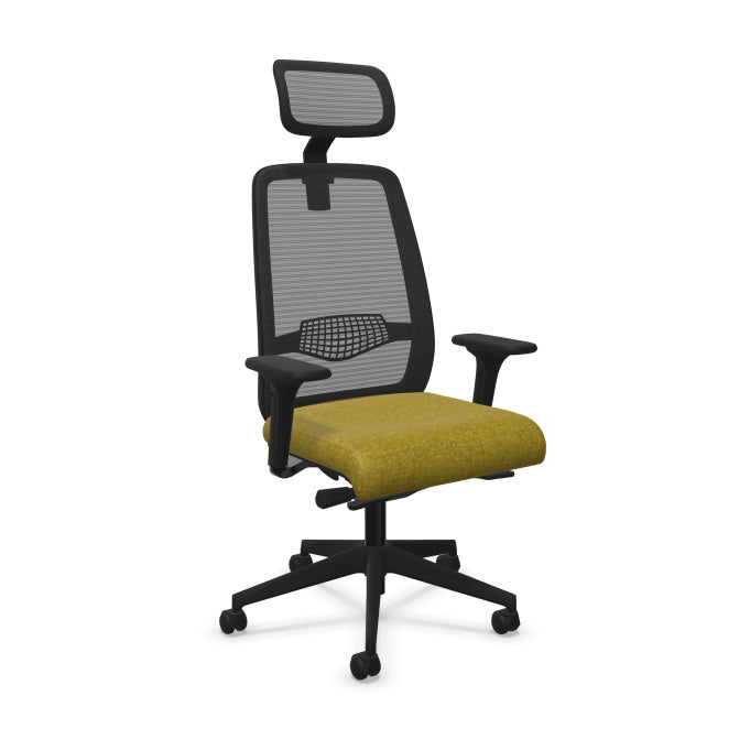 Fauteuil de bureau ergonomique Gabin avec dossier et têtière en résille respirante, assise en tissu, mécanisme synchrone et accoudoirs 4D. Jaune Moutarde Chiné