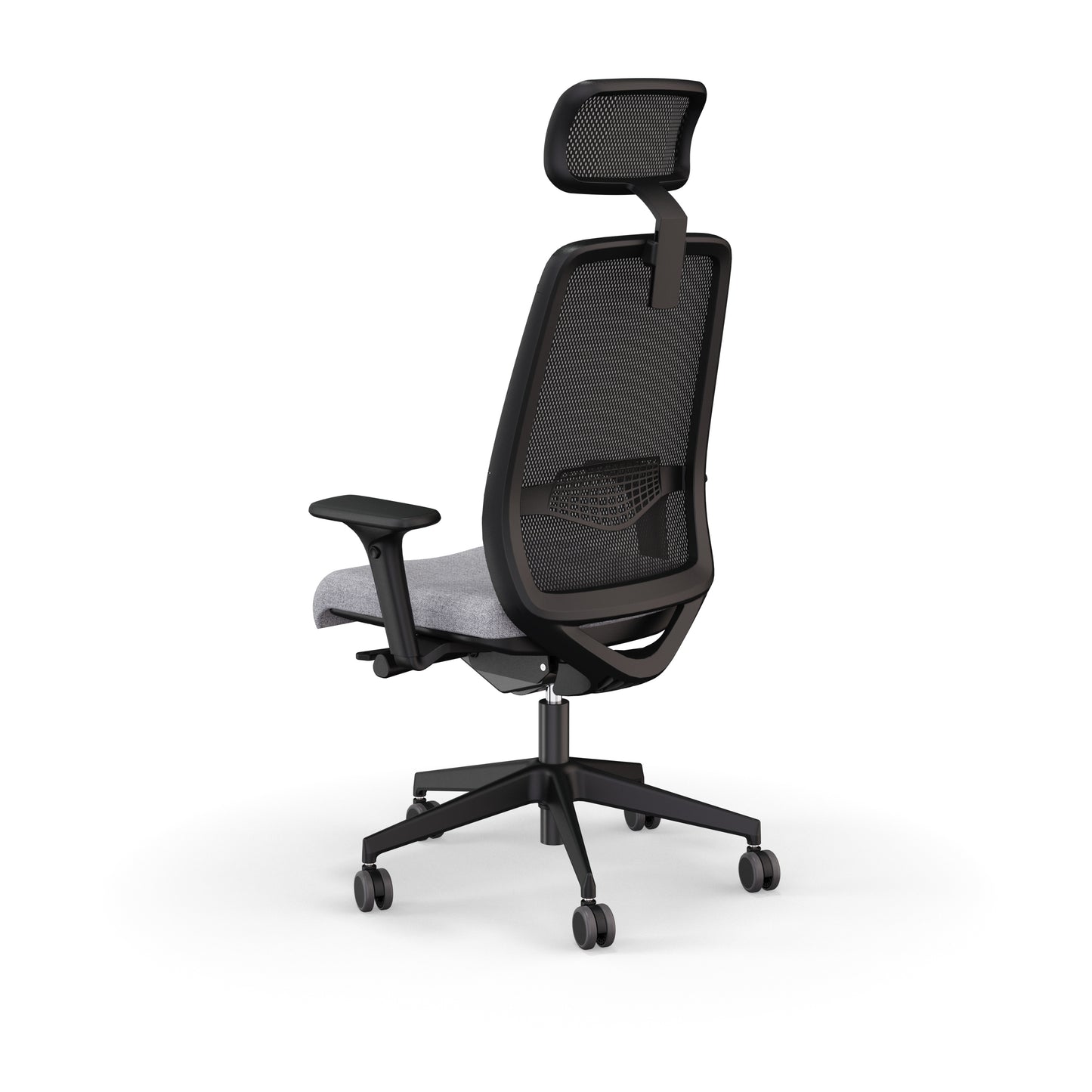 Fauteuil de bureau ergonomique Gabin avec dossier et têtière en résille respirante, assise en tissu, mécanisme synchrone et accoudoirs 4D. Vue de dos